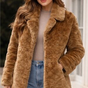 Abercrombie & Fitch Faux Fur Coat Camel Brown Teddy Bear Cozy Luxe SZ M